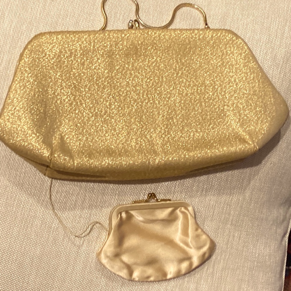 Vintage H L USA Gold Clutch Handbag Purse Wallet kiss closure & attached wallet